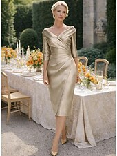 رخيصةأون طول الشاي-عامودي طول الساق فستان الحفلة فستان كوكتيل فستان زفاف ضيف فستان أم العروس نصف كم V رقبة أنيق عتيق فاخر رسمي ضيف حفل زفاف ساتان فساتين الجاكيتات مع طيات