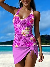 Χαμηλού Κόστους Τανκίνι-Γυναικεία Μαγιό τανκίνι Φούστα Μαγιό Κομψό Διακοπές Φλοράλ Γραφική Λαιμός Αμάνικο Μαγιό