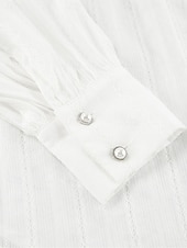 preiswerte Wesentliche Falsche Hemden-Damen Hemd Sommeroberteile Bluse Kunstbaumwollleinen Gerafft Patchwork Knöpfe Einfach Elegant Damen Klassisch Langarm Puffärmel Hoher Ausschnitt Normale Oberteile Täglich Arbeit Ferien Weiß Sommer