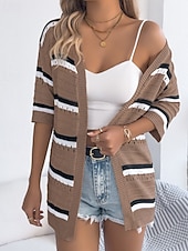 billiga Enkla blusar-Dam Skjorta Blus Stickad Randig Stylish Klassisk Modern Halvlång ärm V-hals Vanliga toppar Dagligen Helgdag Utekväll Vin Brun Kaki Sommar Vår