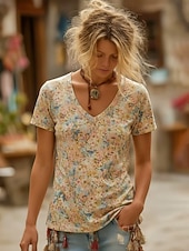 cheap Boho tee-Women's Boho Shirt T Shirt Print Floral Graphic Bohemia Vintage Casual Short Sleeve V Neck Long Tops Daily Pink Sky Blue Khaki Summer Spring