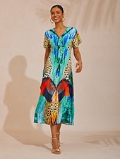 abordables vestido casual estampado-Vestido largo elegante y sedoso para fiesta en la jungla salvaje