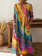 economico Arte &amp; Design Abito-Per donna Abito Midi Tubino Vestito T-Shirt Vacanza Casual Boho Ferie Data Vestibilità regolare Grafico Geometrico Astratto Manica Lunga Girocollo Giallo Rosa Arancione Estate Primavera
