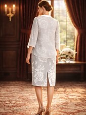 cheap Mom's Dress Sets-Two Piece Sheath Column Tea Length Wedding Guest Dress Mother of the Bride Dress 3/4 Length Sleeve V Neck Elegant Vintage Formal Wedding Guest Chiffon Lace Jacket Dresses with Lace Cascading Ruffles