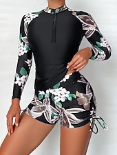 Недорогие Танкини-Жен. Купальники Танкини 2 шт. Шорты купальник Утягивание живота Завышенная Тонкие Открытая спина Отпуск Одежда для пляжа Цветочный принт Вырез под горло Длинный рукав Купальники