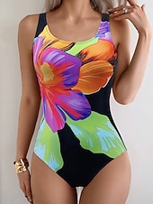 رخيصةأون مايوه قطعة واحدة-نسائي ملابس السباحة قطعة واحدة مايوه روب ملابس السباحة العطلة موضة ورد الرسم رقبة دائرية بدون كم بدلة سباحة