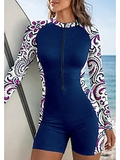 baratos Rash Guards de Uma Peça-Mulheres Normal Anti Atrito Roupa de banho Roupas de Banho Esportivas Floral Zip Up Bojo Removível Zíper Frontal Proteção Solar UV UPF50+ Ultra Leve (UL) Manga Longa Roupa de Banho Anti Atrito Surfe