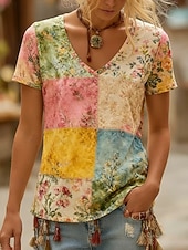  Women's Boho Shirt T Shirt Print Floral Graphic Bohemia Vintage Casual Short Sleeve V Neck Long Tops Daily Green / Blue Yellow Pink Summer Spring