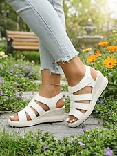 abordables Sandalias de cuña-Sandalias cómodas de cuña negras para mujer: zapatos de plataforma informales con soporte para ir de compras, viajar y usar a diario.
