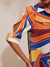 Недорогие Платья для отпуска-платье-рубашка из прямого атласа с геометрическим узором в стиле цветовых блоков для отпуска