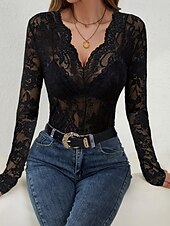 economico Top in Pizzo-Per donna Blusa Top in pizzo Pizzo Floreale Semplice Elegante Sexy Moderno Manica Lunga Scollo a V Top Regolari Quotidiano Ferie Uscire Blu Nero Bianco Vino Verde Estate Primavera Autunno Inverno