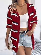 billiga Enkla blusar-Dam Skjorta Blus Stickad Randig Stylish Klassisk Modern Halvlång ärm V-hals Vanliga toppar Dagligen Helgdag Utekväll Vin Brun Kaki Sommar Vår