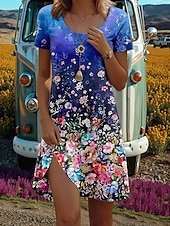 preiswerte Boho Kleider-Damen Minikleid Sommerkleid T-Shirt-Kleid A Linie Kleid Urlaub Lässig Täglich Strand Ferien Normale Passform Blumen Grafik Halbarm Rundhalsausschnitt Blau Schwarz Orange Grün Sommer