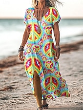 cheap Boho Dress-Women's Maxi Dress T Shirt Dress Tee Dress Sundress A Line Dress Vacation Casual Beach Going out Loose Fit Ombre Graphic Short Sleeve V Neck Blue Yellow Orange Summer Spring