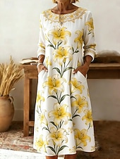preiswerte Blumenkleid-Damen Midikleid Etui-Kleid T-Shirt-Kleid Urlaub Lässig Boho Ferien Date Normale Passform Blumen Grafik Langarm Rundhalsausschnitt Weiß Gelb Rosa Orange Sommer Frühling