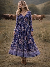 abordables Vestido Boho-Vestido Midi Boho para Mujer Vestido Corte A Fiesta Casual Cita Ajuste Regular Gráfica Floral de Manga Larga Cuello en V Rojo Púrpura Naranja Verde Verano Primavera Otoño