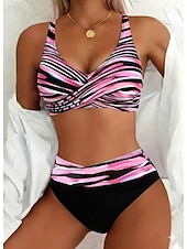 economico Bikini-Costume da bagno da donna bikini a 2 pezzi con vita alta moda vacanziera grafica a righe collo V costumi da bagno senza maniche