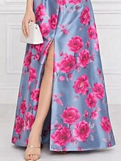 cheap A-Line Evening Dresses-A-Line Floor Length Evening Gown Formal Dress Elegant Floral Silky Short Sleeve Crew Neck Garden Party Wedding Pocket Satin with Floral Print Bow(s) Strappy