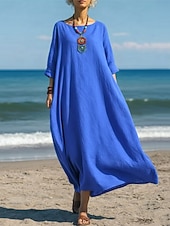 cheap Luxury Dresses-Women's Cotton Linen Maxi Dress Shift Dress Casual Daily Regular Fit Plain 3/4 Length Sleeve Crew Neck Blue White Red Dark Green Summer Spring Fall