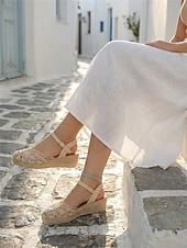 Χαμηλού Κόστους Γυναίκες-Γυναικεία μπεζ σανδάλια εσπαντρίγιας με κροσέ σε χρώμα boho – ιδανικά για καλοκαιρινές διακοπές, παραθαλάσσια θέρετρα και χαλαρές αποδράσεις