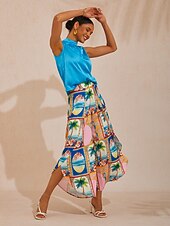 お買い得  女性のパンツ-夏の逃避行 カーブドヘム クロスオーバー サテン ワイドレッグパンツ