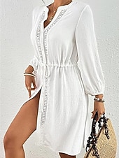 abordables Vestidos de playa-Mujer Vestido hasta la Rodilla Vestido blanco vestido de playa Vestido negro Tapadera Elegante Moda Clásico Manga de la linterna Diario Exterior Playa Holgado Plano Manga Larga Escote Chino Negro