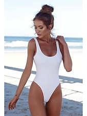 זול בגדי-ים שלמים-בגדי ריקוד נשים בגדי ים חתיכה אחת מותן גבוה בגד ים גזרה סקסית מרזה גבוה מותניים גב חשוף אלגנטית פעיל צבע אחיד צווארון U ללא שרוולים בגדי ים