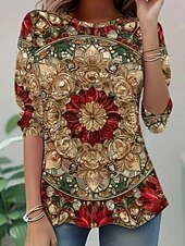 economico Maglietta Arte &amp; Design-Per donna Maglietta Stampato Grafico Geometria Vintage Elegante Moderno Manica Lunga Girocollo Top Regolari Quotidiano Weekend Blu Rosso Estate Primavera