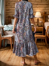 cheap Vacation Boho Dress-Women's Midi Dress Floral Dress Print Dress Fashion Modern Outdoor Vacation Going out Loose Fit Floral Half Sleeve V Neck Teal Red Purple Summer Spring