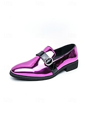 baratos Mocassins-Sapatos masculinos de couro envernizado rosa com fivela e detalhes em preto - sapatos sociais modernos para eventos sofisticados e casamentos.