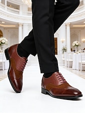 voordelige Oxford Shoes-Men's Brown Faux Leather Oxford Dress Shoes, Classic Lace-Up Design, Polished Finish, Elegant Formal Style for Grooms &amp; Wedding Guests