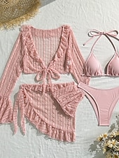 cheap 3 Pieces Bikini Set-Women's Swimwear Bikini Three Piece Cheeky Swimsuit Slim Backless Vacation Beach Wear Solid Color Halter Neck Sleeveless Long Sleeve Bathing Suits