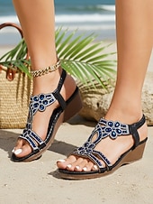 economico Sandali con zeppa-sandali con zeppa boho da donna color cielo con decorazioni floreali in cristallo – eleganti sandali con cinturino a T e strass per vacanze al mare, resort esotici &amp;viaggiatori eleganti