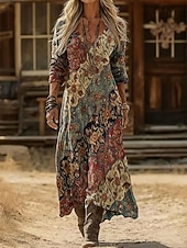 billige Boho-kjoler-Dame Midikjole Vintage kjole Uformell kjole Årgang Normal Grafisk Paisly Langermet V-hals Rød Sommer Vår
