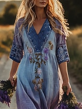 abordables Robe Boho Western-Femmes Robe Longue Maxi Robe Robe bohème Robe Décontractée Robe Ethnique ancien Quotidien Extérieur Vacances Coupe régulière Fleuri manche longue Col en V Violet Été Printemps Automne