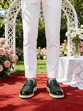 billige Loafers-Grønne herresko i skinn, elegant slip-on-design, komfortabel polstret såle, stilig, avslappet utseende for bryllup, fester og hverdagsbruk