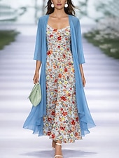 preiswerte Kunst &amp; Design Kleid-Damen Midikleid A Linie Kleid Urlaub Lässig Boho Party Normale Passform Ombre Blumen Grafik Dreiviertelarm V Ausschnitt Blau Orange Sommer Frühling Herbst