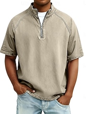  Herren Hemd aus 100 % Baumwolle in Säurewaschung T-Shirt Kurzarm Stehkragen Herbst Winter Frühling Herbst Einfach Vintage Streetwear Lässig Reißverschluss Stückgefärbt Basic Lässig Heim Straße