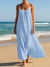 baratos Vestidos-Mulheres Vestido midi 100% Algodão Vestido de turno Vestidos Para o Verão Vestido de decote Moda Moderno Diário Ao ar livre Férias Ajuste Largo Tecido Sem Manga Correias Preto Branco Roxo Azul Claro