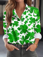  St. Patrick's Day Women's Blouse Buttons Print Graphic Shamrock Vintage Stylish Casual Long Sleeve Shirt Collar Regular Tops Daily Work White Light Green Green Spring Winter
