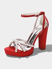 cheap Bride-Women's Ivory Platform Chunky Block Heel Sandals, Pearl-Embellished Ankle Strap Bridal Shoes for Church Weddings