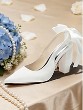 cheap Bride-Women's Ivory Pointed-Toe Bow Slingback Heels, Elegant Satin Bridal Shoes for Church Wedding Bride