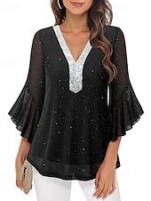 baratos Blusas Elegantes-Mulheres Blusa Tops de lantejoulas Patchwork Bloco de cor à moda Moderno Manga 3/4 Sino Decote V Tops regulares Diário Feriado Para Noite Azul Preto Vermelho Verde Verão Primavera