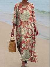 Χαμηλού Κόστους Floral φορέματα-Γυναικείο Μακρύ Φόρεμα Λινάρι Τόσο Αναπνεύσιμη Ελαφριά Σαλοπέτα Άμεσου Στυλ Καλοκαιρινό Φόρεμα Διακοπών Καθημερινό Μποχό Παραλία Διακοπές 3/4 Μανίκι Λαιμός Φαρέτρα