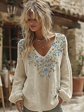 Недорогие Основные искусственные рубашки-Блуза для женщин из льняного материала дышащая легкая цветочный графический рисунок элегантная богемия винтажная длинный рукав V-образный вырез повседневная праздничная сборка заплатка вышивка синий