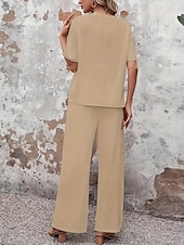 cheap Women's Blouse Suits-Women's Pants Sets Bolero Faux Cotton Linen Short Sleeve Crew Neck Solid Color Fashion Streetwear Casual Daily Outdoor Blue White Khaki Summer Regular Fit