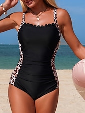 お買い得  ワンピース水着-女性用 スイムウェア ビキニ 2ピース 水着 スリム バックレス 旅行度假风 ビーチウェア レオパード ラウンドネック ノースリーブ 水着