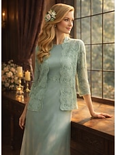 baratos Conjuntos de vestidos para mamãe-Duas Peças Linha A Até o Tornozelo Vestido de convidada de casamento Vestido Para Mãe dos Noivos Manga Longa Decote Canoa Elegante Simples Luxuoso Formal Convidado do casamento Chiffon com Renda