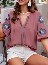 tanie Gładkie bluzki-Damskie Koszula Popover Letnia koszula Codzienna koszula Bluzka Haft Kwiaty Urlop Elegancki Codzienny Rękaw 1/2 W serek Zwykłe topy Codzienny Plaża Święto Niebieski Rumiany róż Granatowy Morelowy