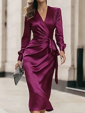 billiga Enkel klänning-Dam Midiklänning Satängklänning Festklänning Elegant Mode Modern Utomhus Semester Fest Normal Slät Långärmad V-hals Purpur Sommar Vår Höst